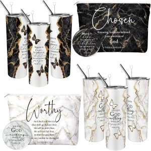 Geiserailie 6 Pcs Christian Gifts for Women 20 oz Marble Tumbler, Makeup Bag, Pocket Mirrors, Inspirational Bible Verse Gift Set for Mother's Day, Church, Sunday School (Mono Color)