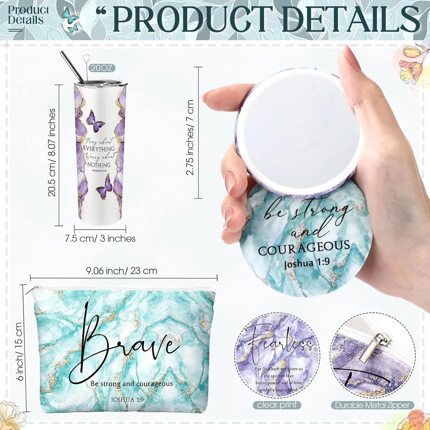 Geiserailie 6 Pcs Christian Gifts for Women 20 oz Marble Tumbler, Makeup Bag, Pocket Mirrors, Inspirational Bible Verse Gift Set for Mother's Day, Church, Sunday School (Mystic Color)
