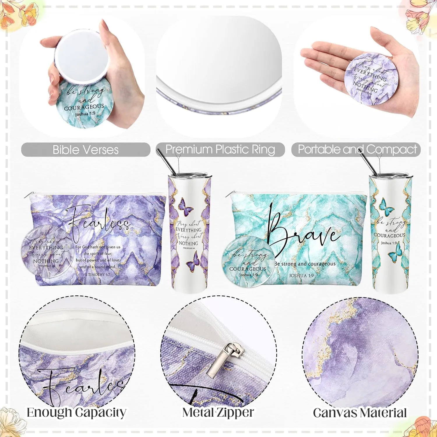 Geiserailie 6 Pcs Christian Gifts for Women 20 oz Marble Tumbler, Makeup Bag, Pocket Mirrors, Inspirational Bible Verse Gift Set for Mother's Day, Church, Sunday School (Mystic Color)