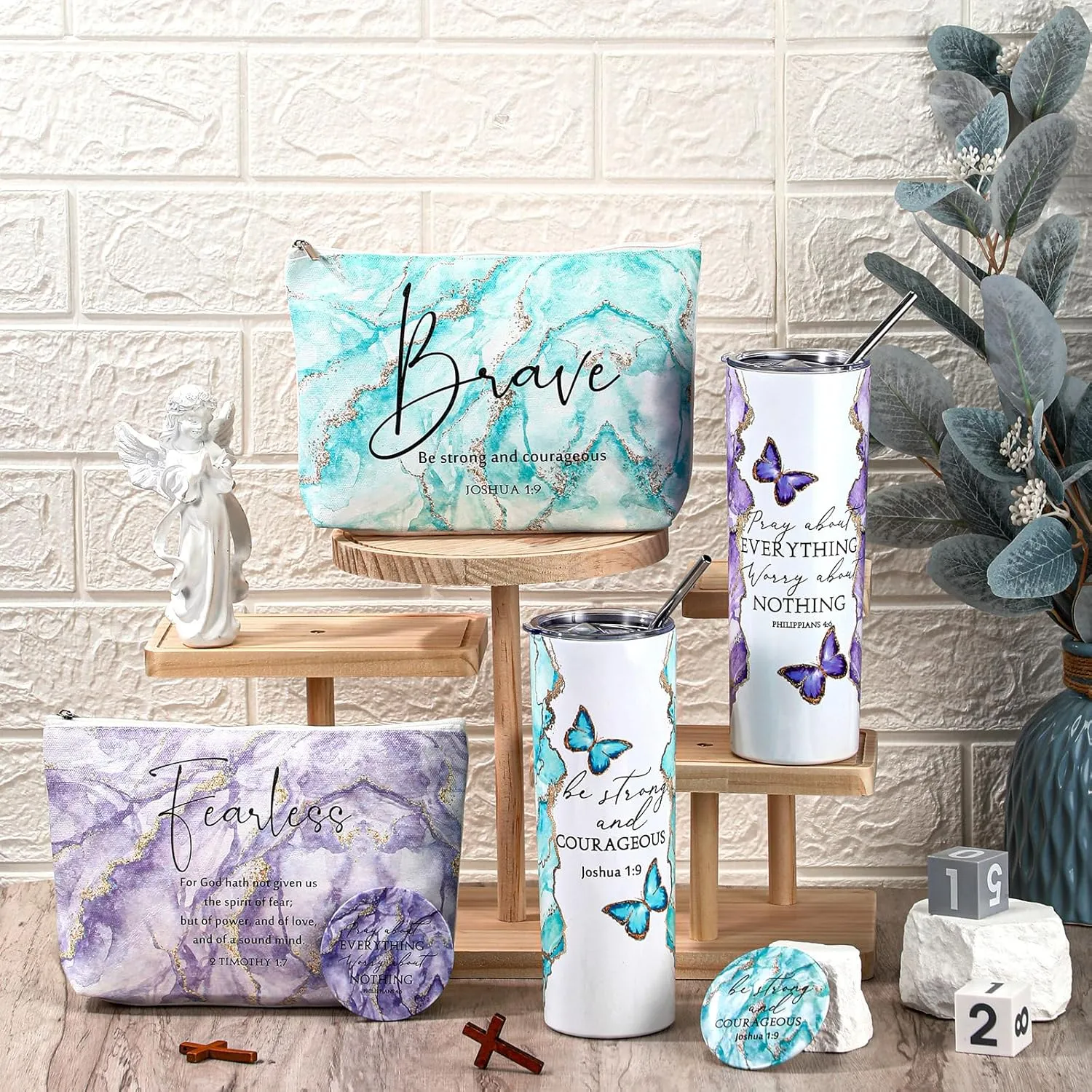 Geiserailie 6 Pcs Christian Gifts for Women 20 oz Marble Tumbler, Makeup Bag, Pocket Mirrors, Inspirational Bible Verse Gift Set for Mother's Day, Church, Sunday School (Mystic Color)