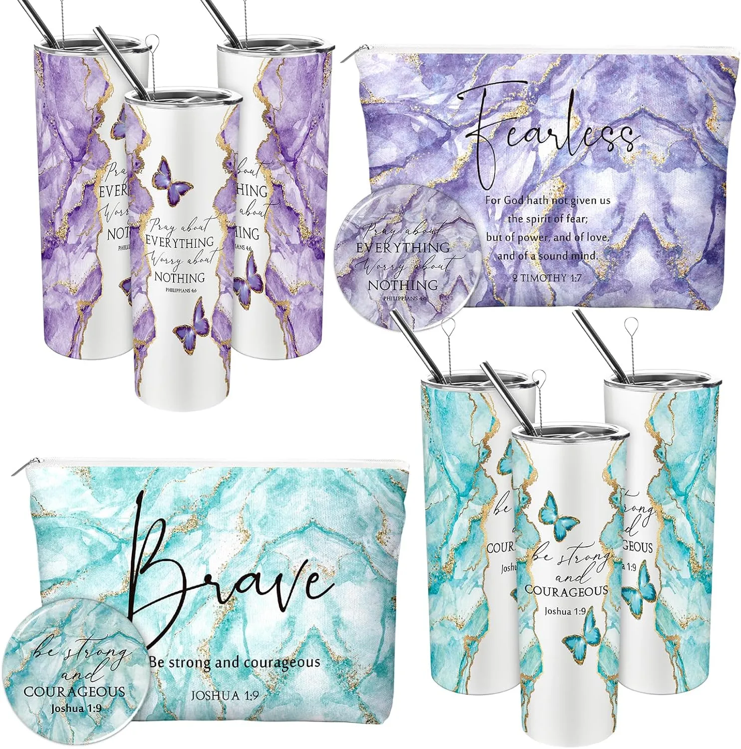Geiserailie 6 Pcs Christian Gifts for Women 20 oz Marble Tumbler, Makeup Bag, Pocket Mirrors, Inspirational Bible Verse Gift Set for Mother's Day, Church, Sunday School (Mystic Color)