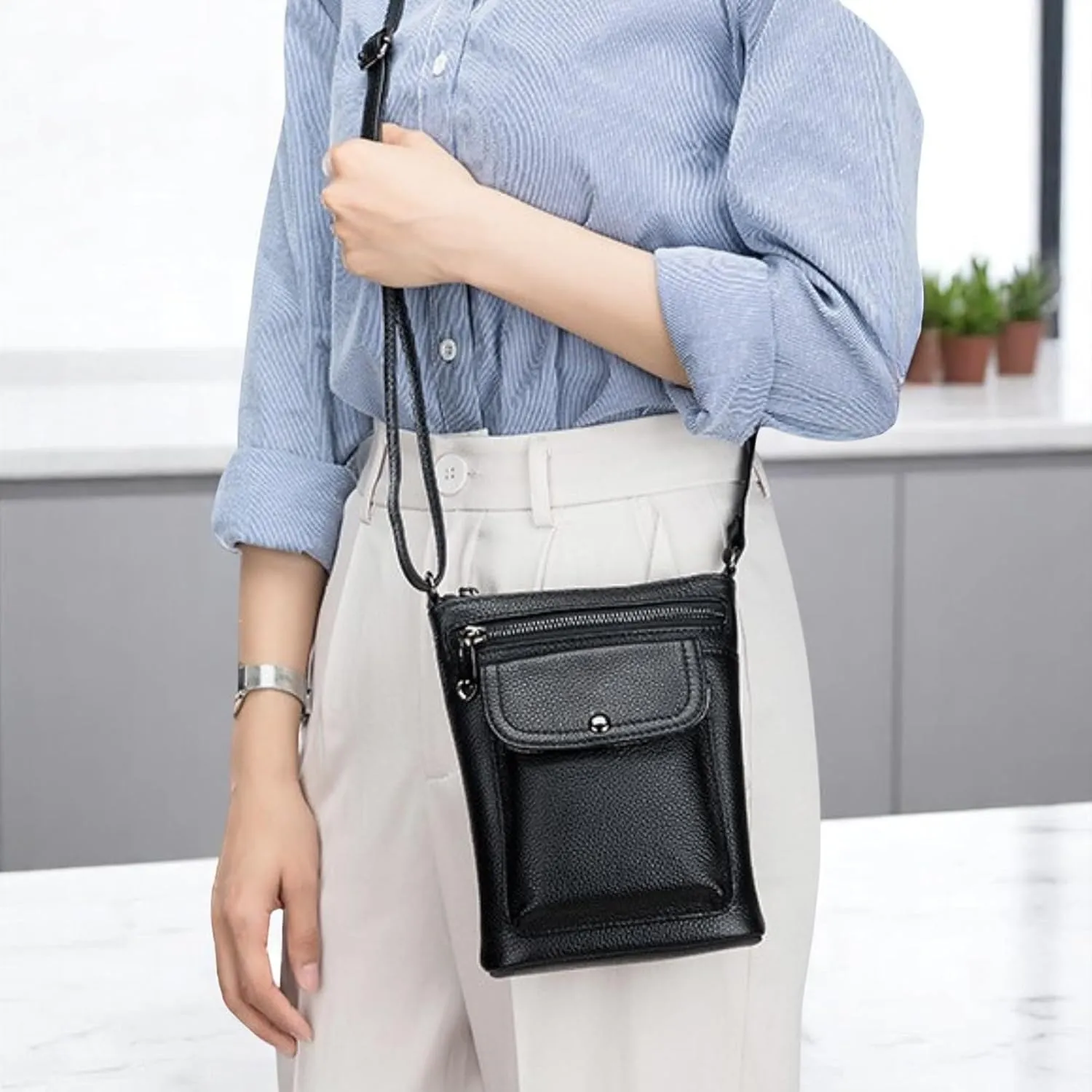 Genuine Leather Adjustable Small Crossbody Phone Purses Key Ring Strap, Travel Zipper Shoulder Handbags, Pockets Credit Card
