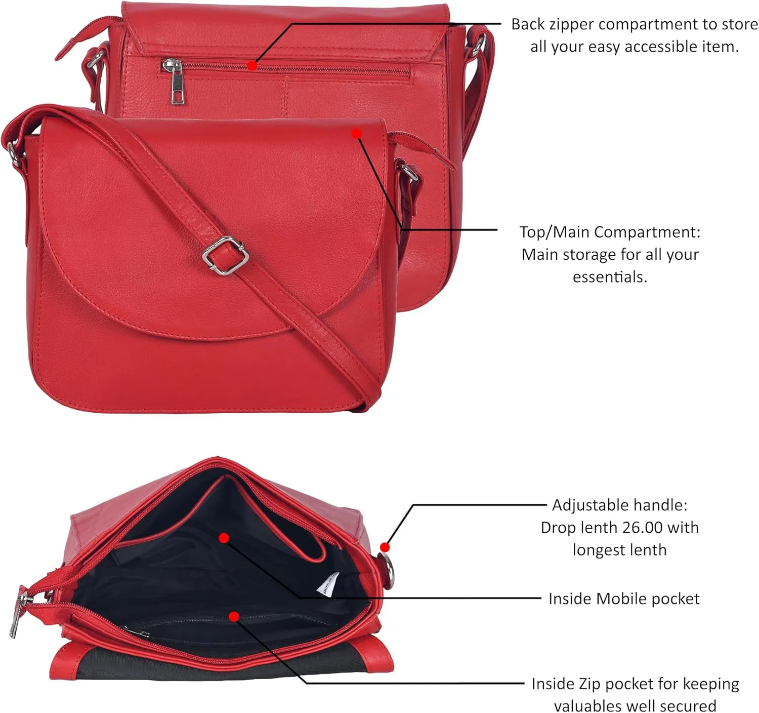 Genuine Leather Shoulder Crossbody Purse For Women with Adjustable Strap, Mobile Pocket & Outside & Inside Zipper