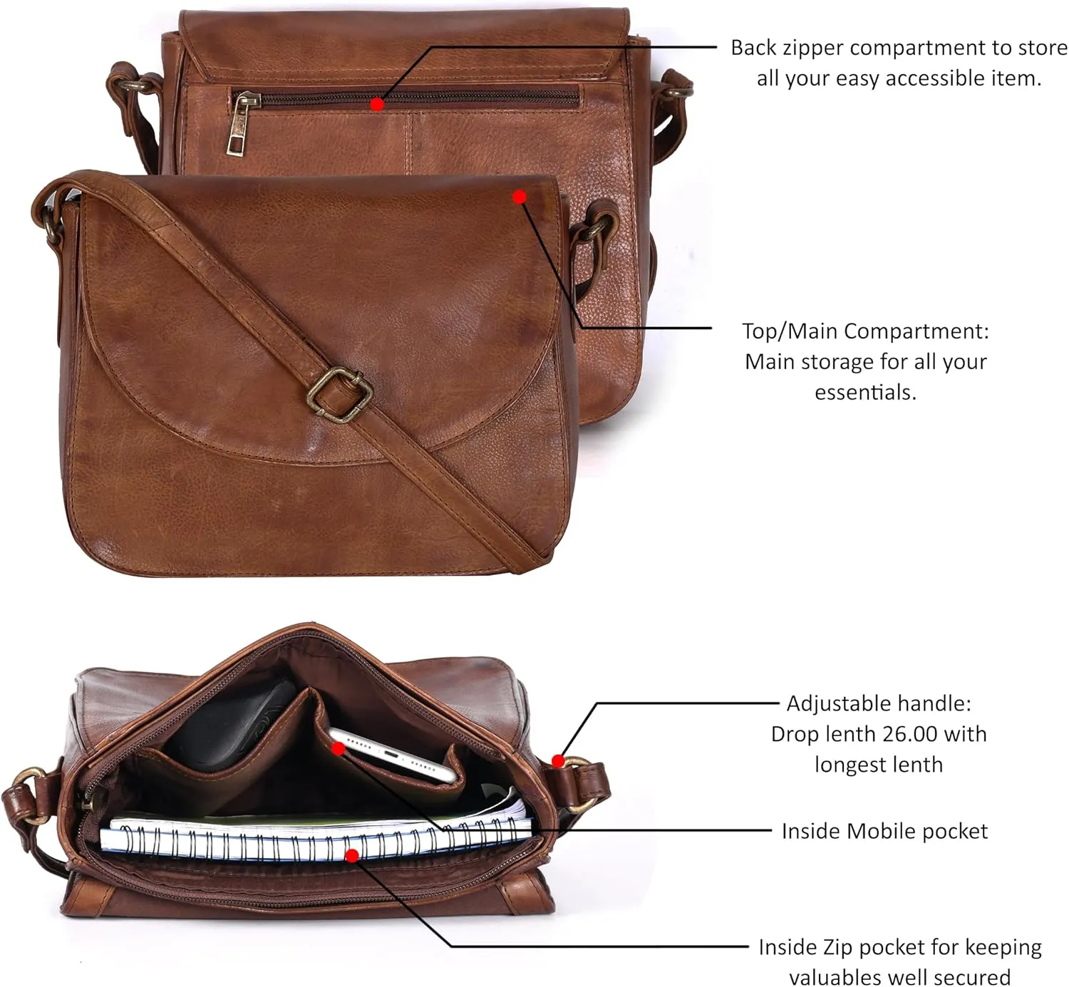 Genuine Leather Shoulder Crossbody Purse For Women with Adjustable Strap, Mobile Pocket & Outside & Inside Zipper