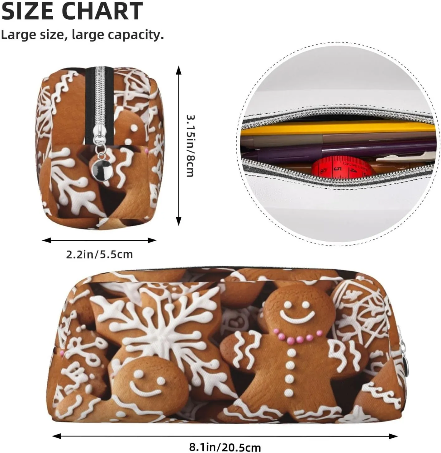 gingerbread Makeup Bag Travel Toiletry Bag Big Pencil Bags for Women Men Leather Zipper Coin Pouch Purse