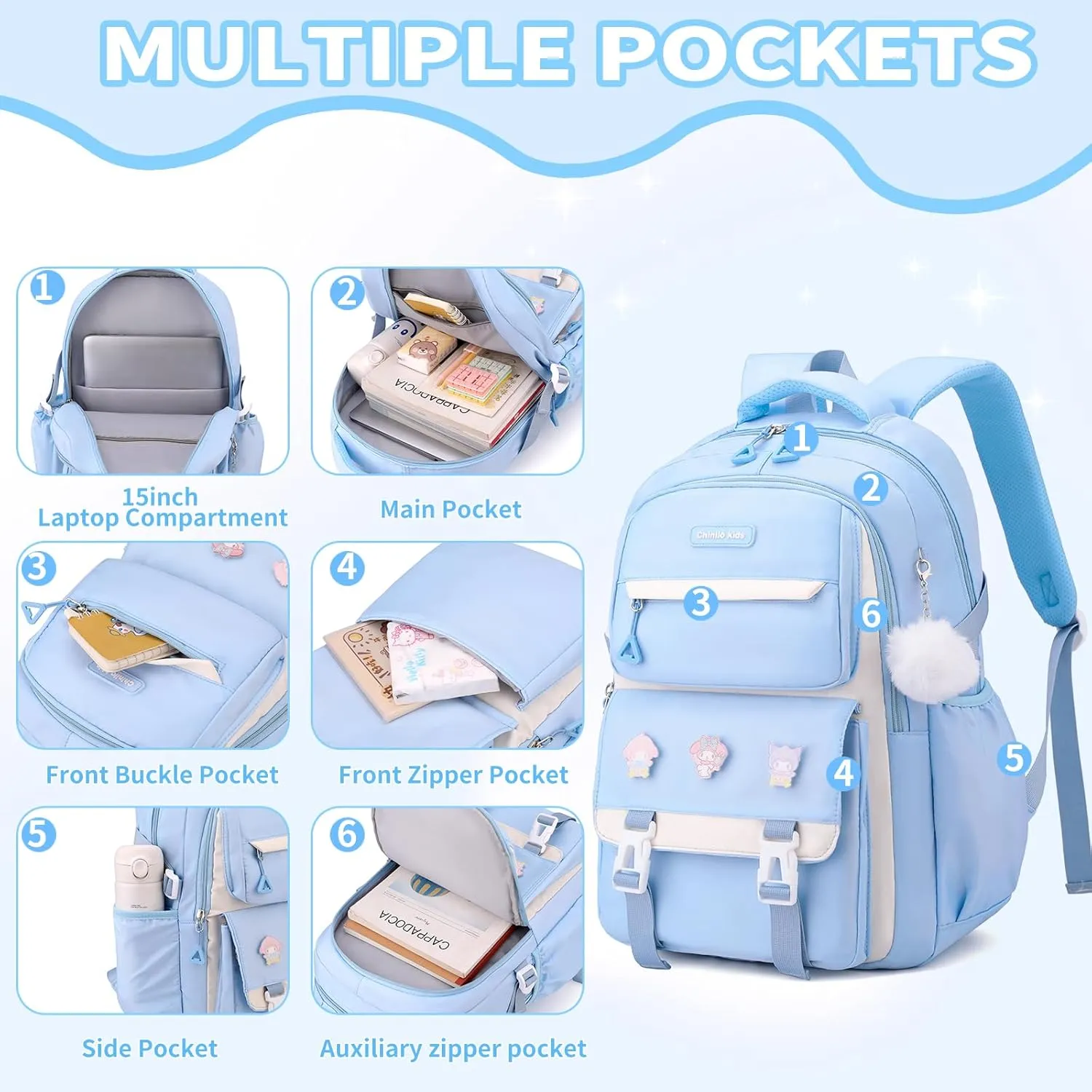 Girls Backpack for School,Kids Backpack with Pencil Case Set for Elementary Primary Middle High School Teen Bookbag (3PCS Blue)