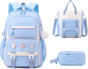 Girls Backpack for School,Kids Backpack with Pencil Case Set for Elementary Primary Middle High School Teen Bookbag (3PCS Blue)