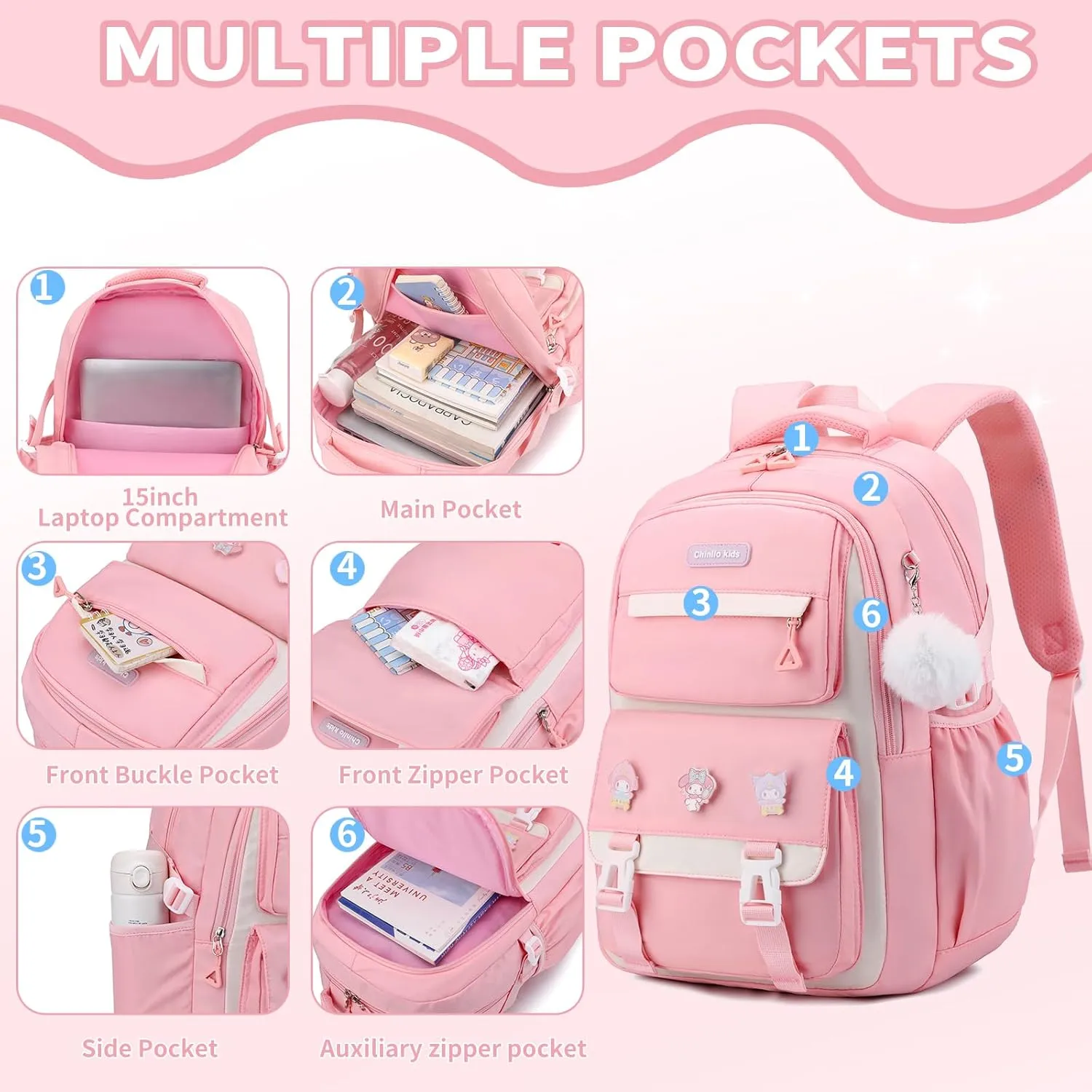 Girls Backpack for School,Kids Backpack with Pencil Case Set for Elementary Primary Middle High School Teen Bookbag (3PCS Pink)