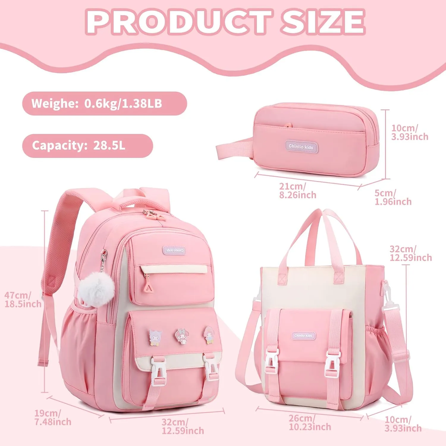 Girls Backpack for School,Kids Backpack with Pencil Case Set for Elementary Primary Middle High School Teen Bookbag (3PCS Pink)