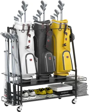 Golf Bag Organizer for 3 Golf Bags - Golf Bag Storage Rack for Garage - Golf Organizer for Golf Accessories with 2 Side Shelves, Clubs Holder and Wheels