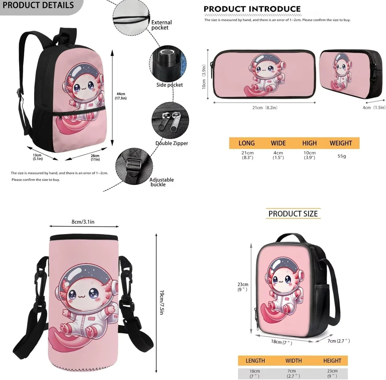 Gomyblomy Astronaut Axolotl Backpack for Girls 4-6 6-8 with Lunch Box Pink Bookbag for Toddler Girls Cute School Bag Set of 4 Pcs with Pencil Case Water Bottle Sleeve for Elementary Kindergarten