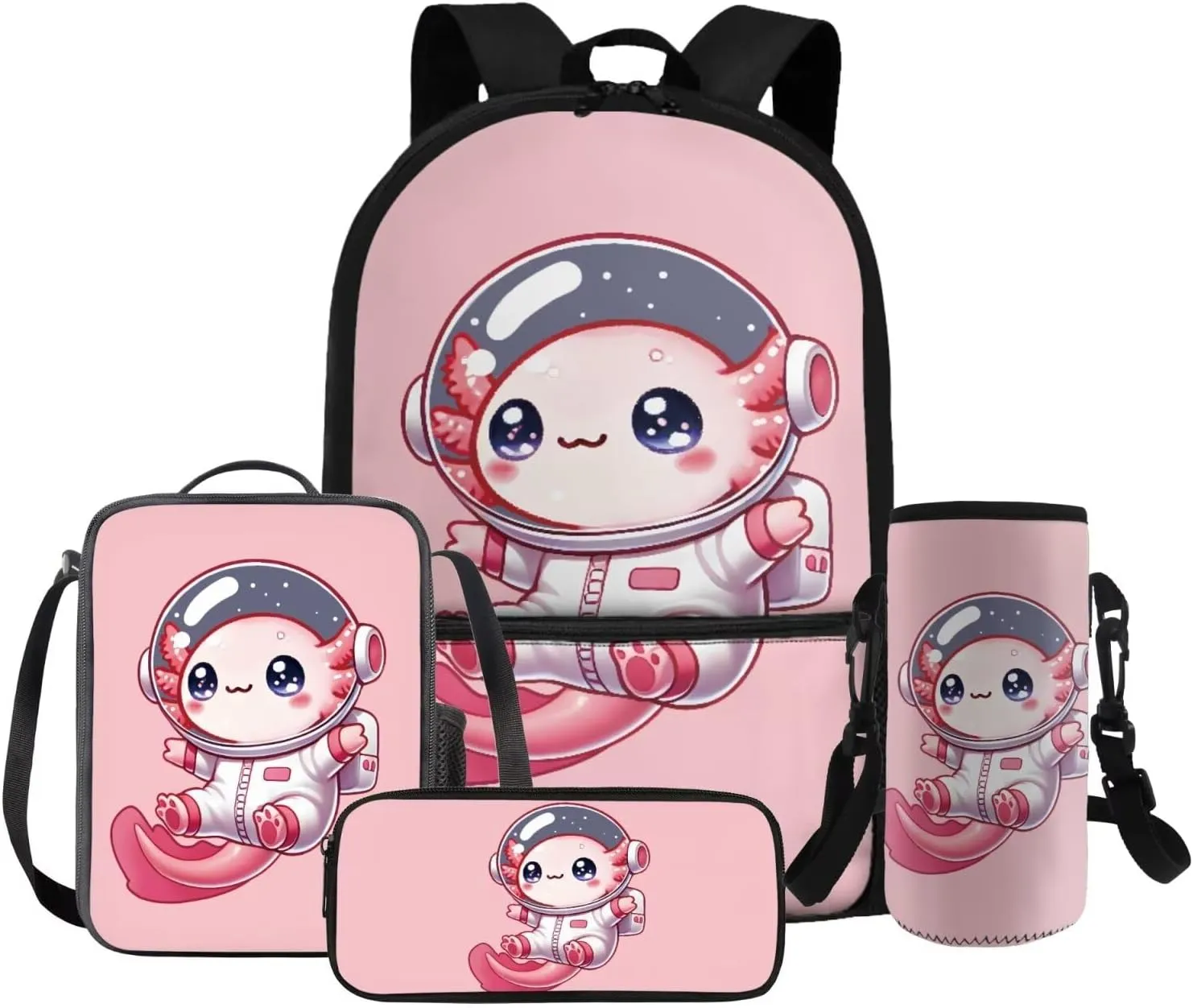 Gomyblomy Astronaut Axolotl Backpack for Girls 4-6 6-8 with Lunch Box Pink Bookbag for Toddler Girls Cute School Bag Set of 4 Pcs with Pencil Case Water Bottle Sleeve for Elementary Kindergarten