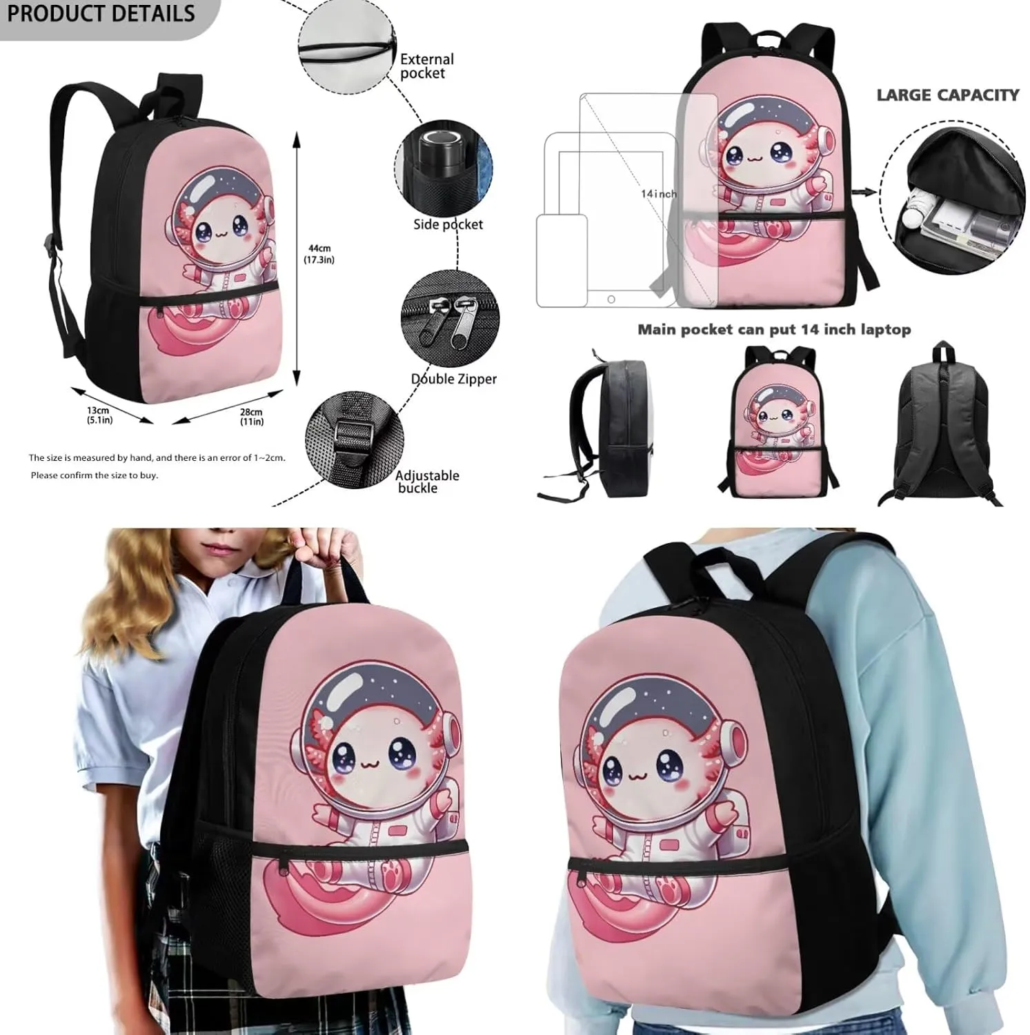Gomyblomy Astronaut Axolotl Backpack for Girls 4-6 6-8 with Lunch Box Pink Bookbag for Toddler Girls Cute School Bag Set of 4 Pcs with Pencil Case Water Bottle Sleeve for Elementary Kindergarten