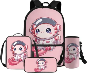 Gomyblomy Astronaut Axolotl Backpack for Girls 4-6 6-8 with Lunch Box Pink Bookbag for Toddler Girls Cute School Bag Set of 4 Pcs with Pencil Case Water Bottle Sleeve for Elementary Kindergarten