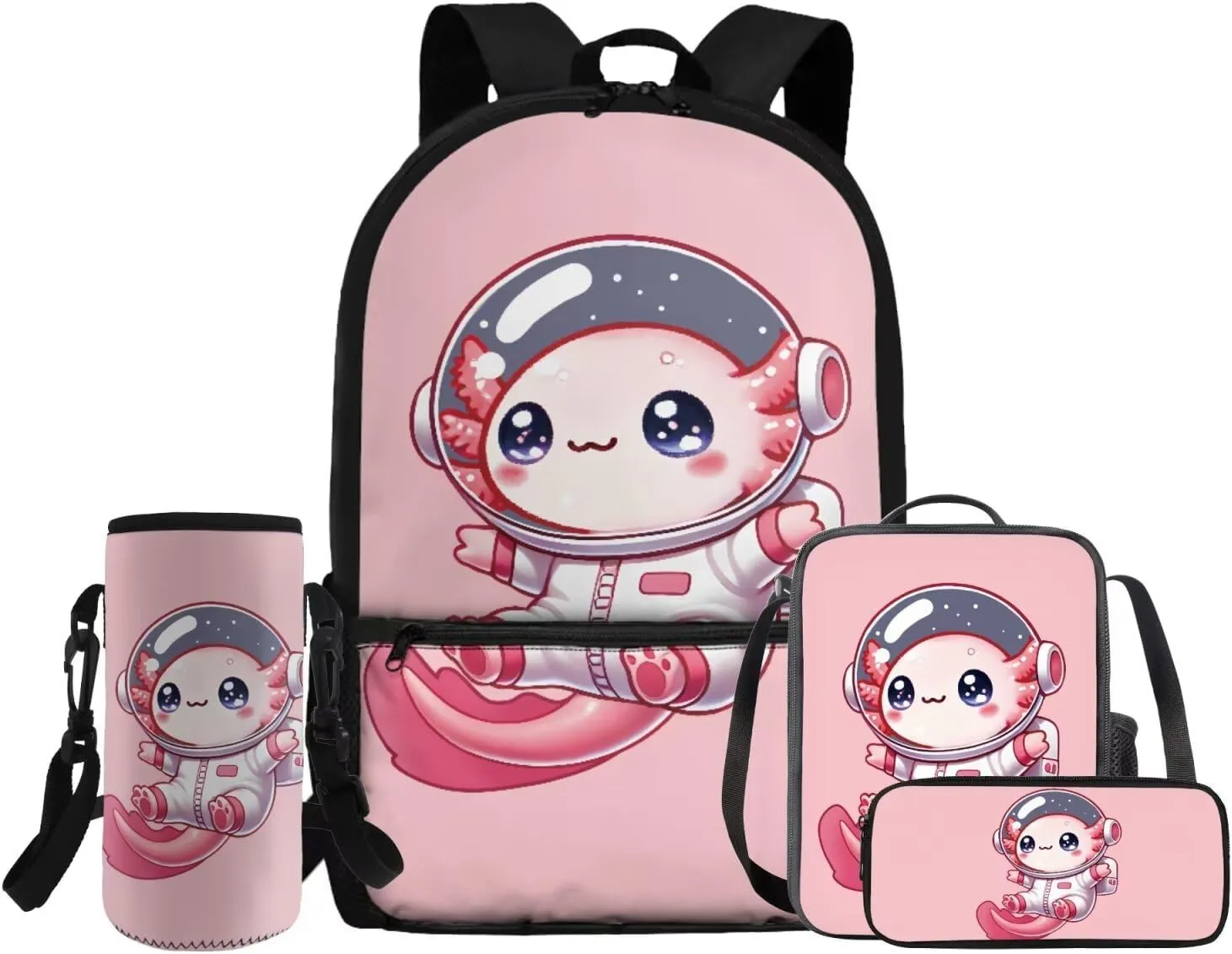 Gomyblomy Astronaut Axolotl Backpack for Girls 4-6 6-8 with Lunch Box Pink Bookbag for Toddler Girls Cute School Bag Set of 4 Pcs with Pencil Case Water Bottle Sleeve for Elementary Kindergarten