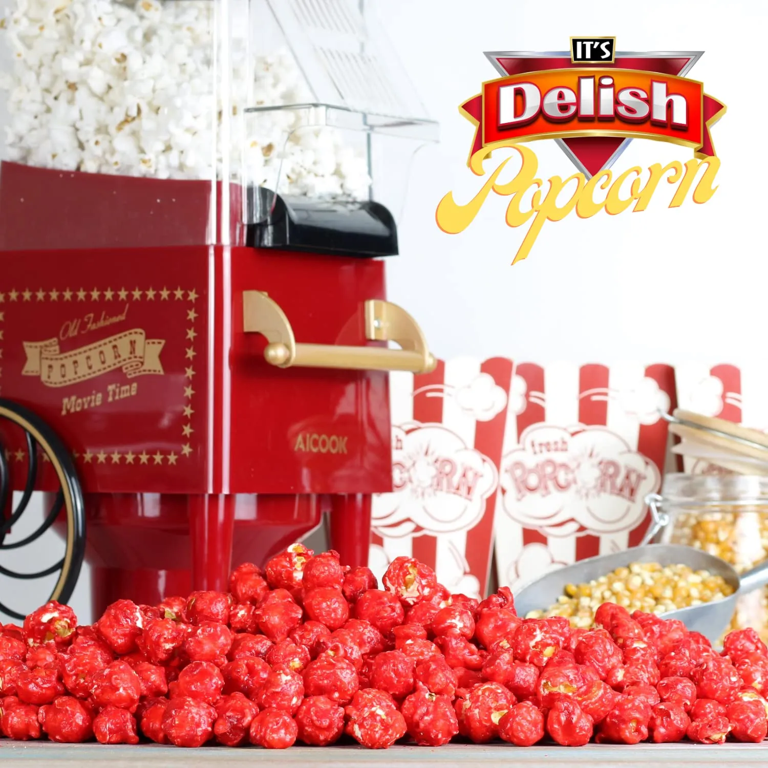Gourmet Red Cherry Flavored Popcorn by It's Delish, 16 Oz Jumbo Container | Bulk Air Popped Pop Corn Snack - Fruity Red Themed Candy Confetti – Gluten Free, Vegan, Kosher, 1 Count