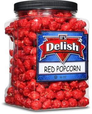Gourmet Red Cherry Flavored Popcorn by It's Delish, 16 Oz Jumbo Container | Bulk Air Popped Pop Corn Snack - Fruity Red Themed Candy Confetti – Gluten Free, Vegan, Kosher, 1 Count