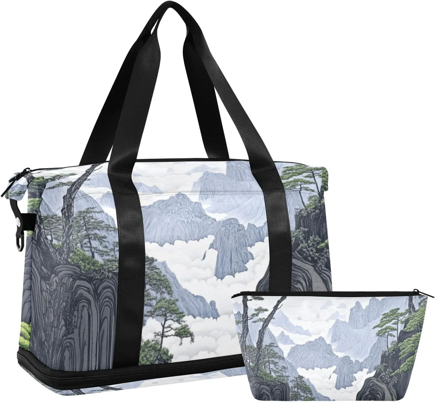 Green Chinese Landscape Pine Gym Duffel Bag Sport Training Bag with Toiletry Bag for Workout 2 Pcs Set