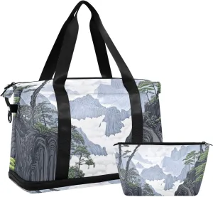 Green Chinese Landscape Pine Gym Duffel Bag Sport Training Bag with Toiletry Bag for Workout 2 Pcs Set