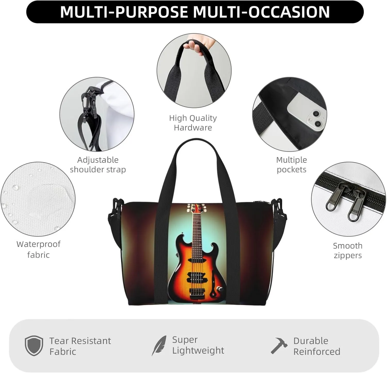 Guitar Bass Music Musical Instrument Travel Bags, Weekender Carry On For Women, Sports Gym Bag, Workout Duffel Bag,Overnight