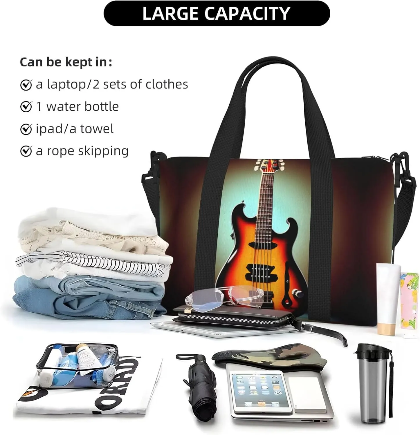 Guitar Bass Music Musical Instrument Travel Bags, Weekender Carry On For Women, Sports Gym Bag, Workout Duffel Bag,Overnight