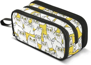 GuoChe Cartoon White Cats Yellow Nylon Pencil Bags For Teen High Capacity Pen Pencil Case School Stationery for School Kids
