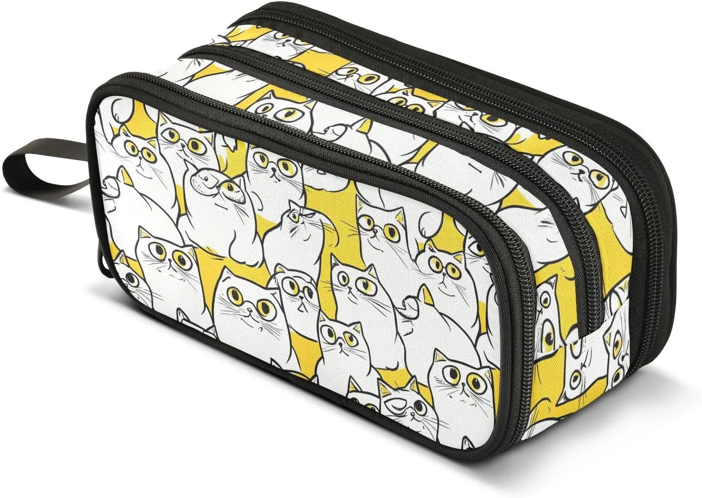 GuoChe Cartoon White Cats Yellow Nylon Pencil Bags For Teen High Capacity Pen Pencil Case School Stationery for School Kids