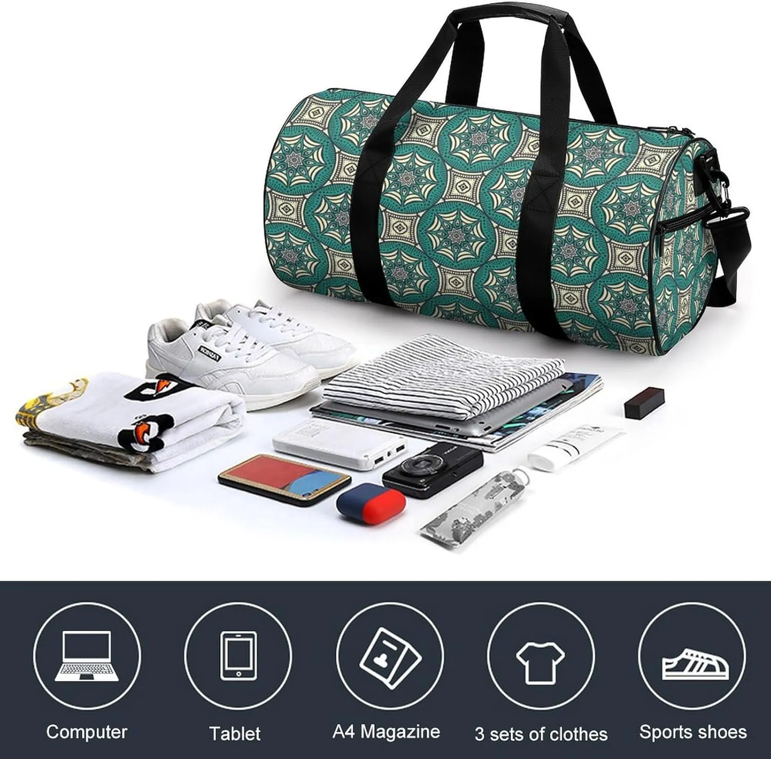 Gym Bag for Men Women Lightweight Sports Duffle Bag with Multiple Compartments Cylindrical Gym Bag for Fitness Travel And Outdoor Activities Ater Resistant Yoga Bag Training Bag Geometric Harmony