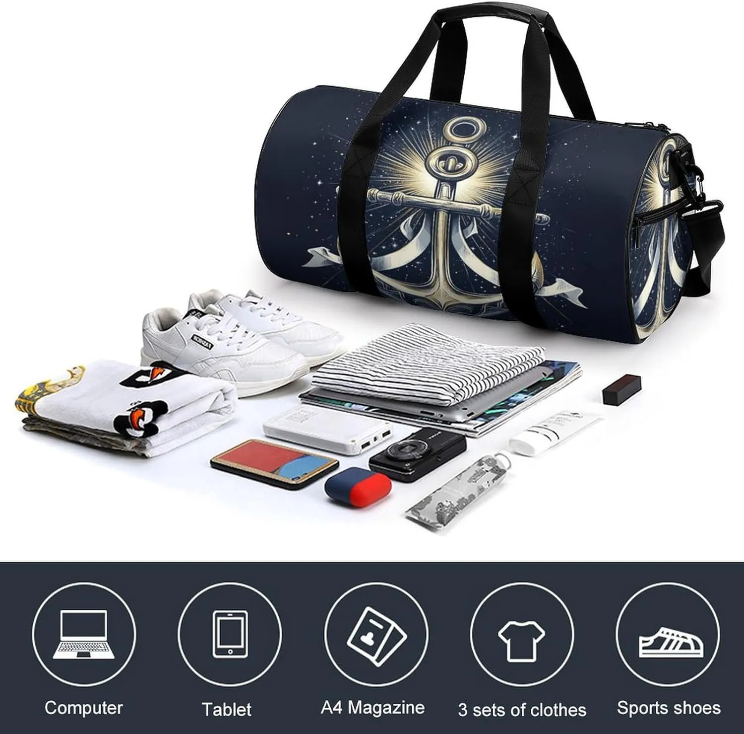 Gym Bag for Men Women Lightweight Sports Duffle Bag with Multiple Compartments Cylindrical Gym Bag for Fitness Travel And Outdoor Activities Ater Resistant Yoga Bag Training Bag Nautical Glow