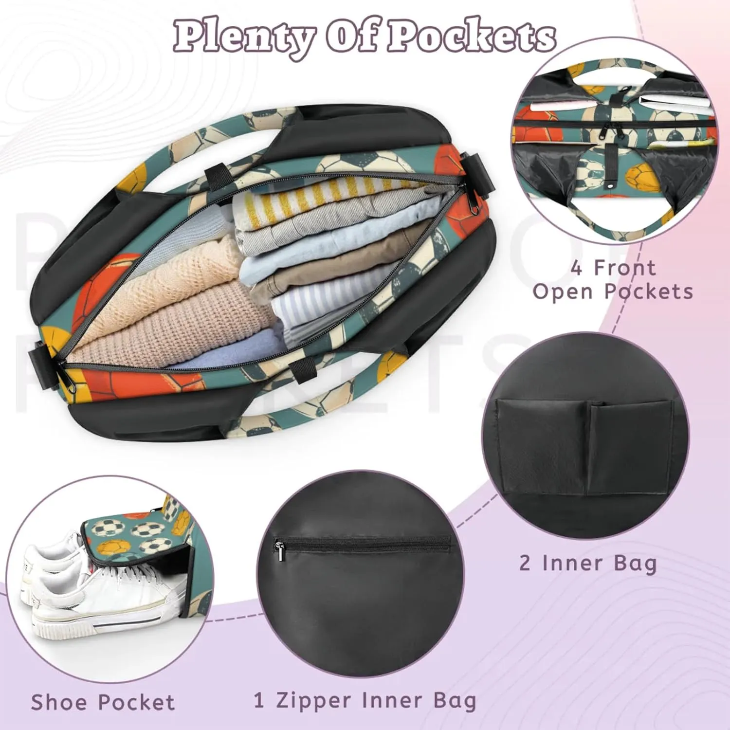 Gym Bag for Women Sport Soccer Print Duffel Bag with Shoe Compartment and Yoga Mat Holder Portable Weekender Bags Travel Tote Bags