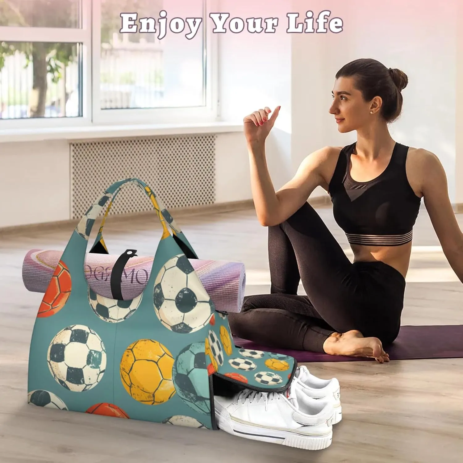 Gym Bag for Women Sport Soccer Print Duffel Bag with Shoe Compartment and Yoga Mat Holder Portable Weekender Bags Travel Tote Bags