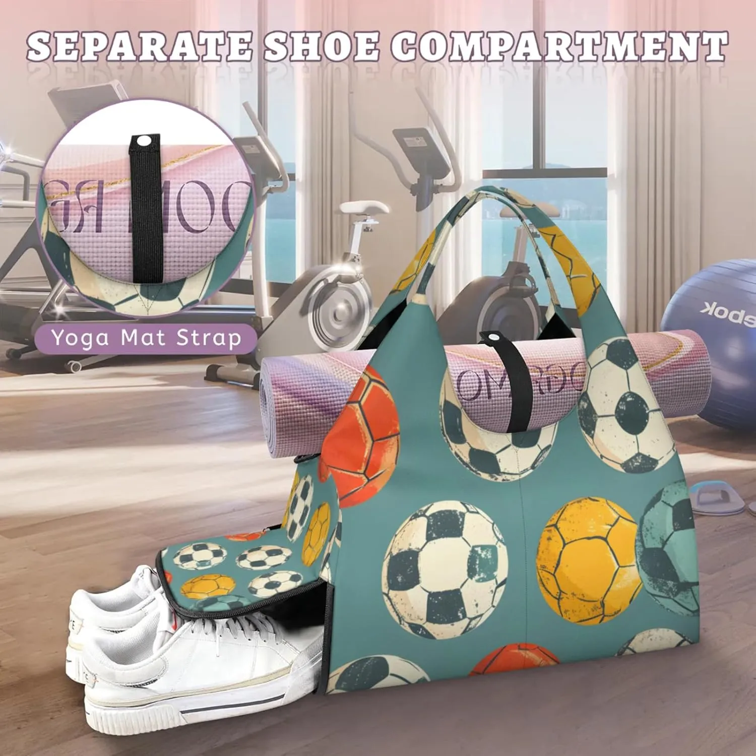 Gym Bag for Women Sport Soccer Print Duffel Bag with Shoe Compartment and Yoga Mat Holder Portable Weekender Bags Travel Tote Bags