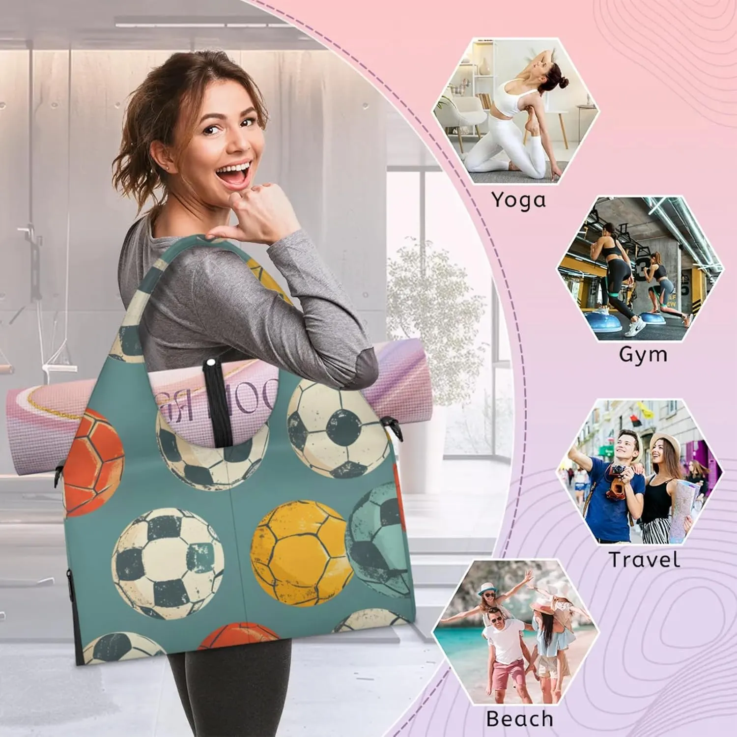 Gym Bag for Women Sport Soccer Print Duffel Bag with Shoe Compartment and Yoga Mat Holder Portable Weekender Bags Travel Tote Bags