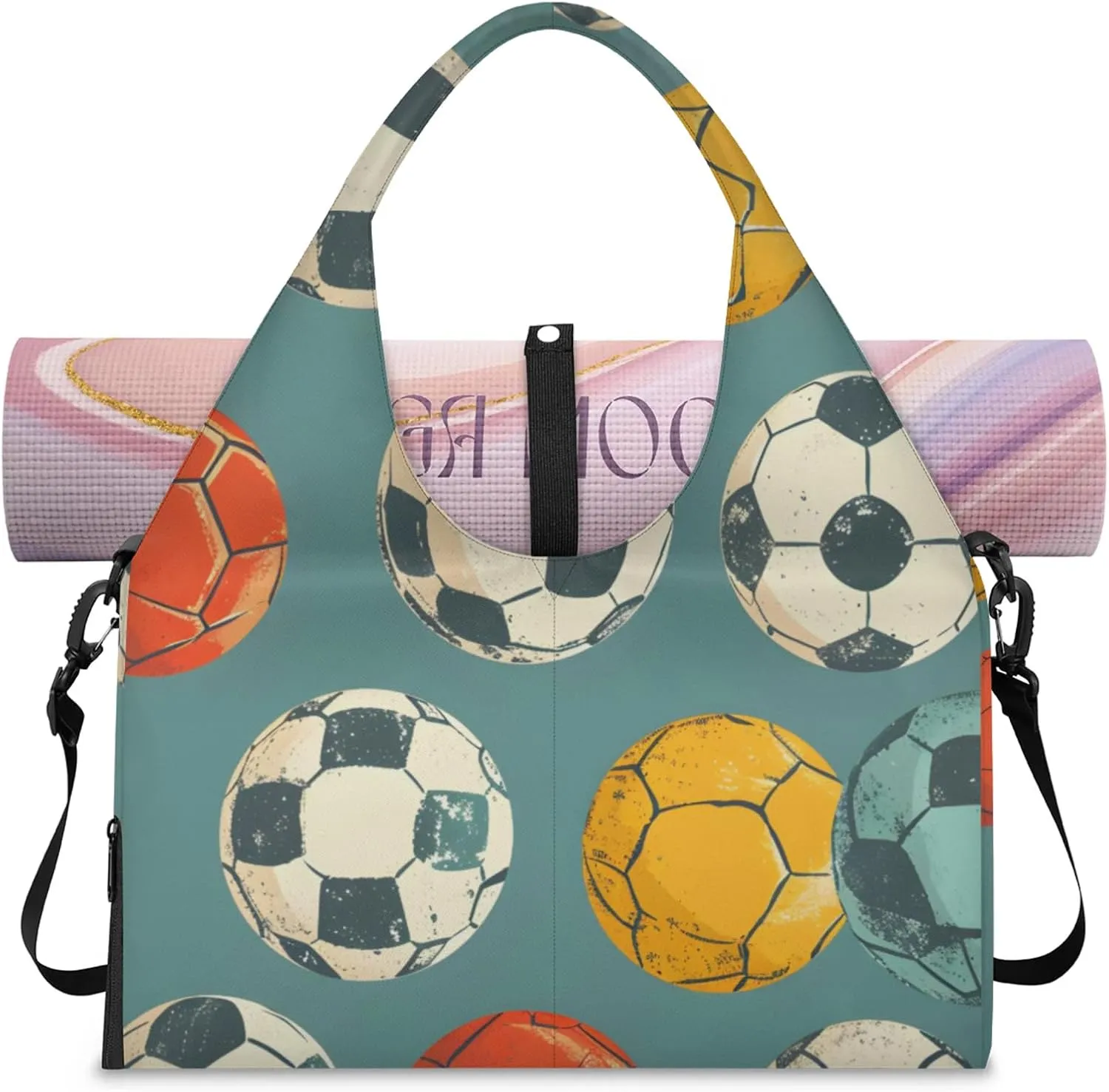 Gym Bag for Women Sport Soccer Print Duffel Bag with Shoe Compartment and Yoga Mat Holder Portable Weekender Bags Travel Tote Bags