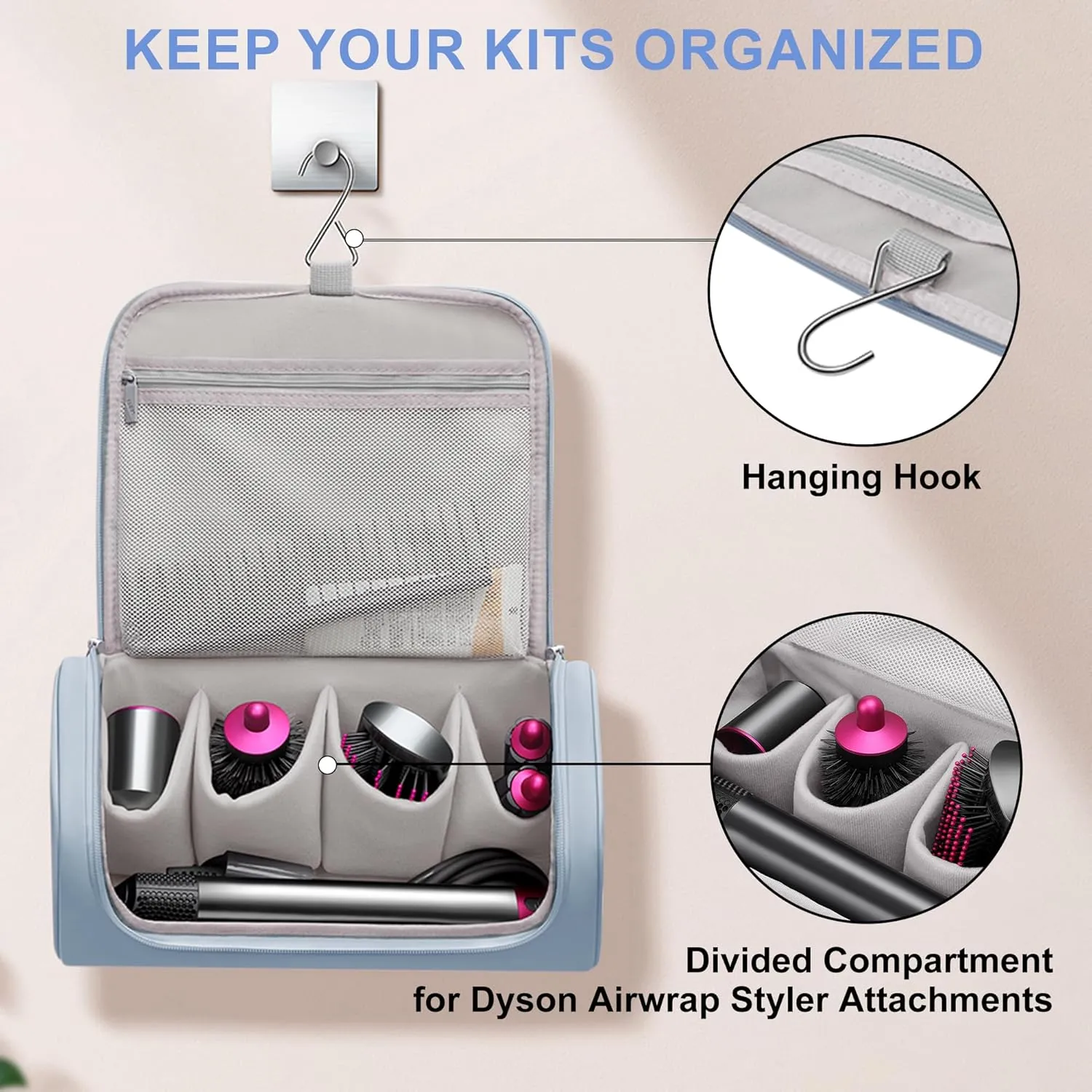 Hair Dryer Travel Case, Portable Hairdryer Storage Bag with Hanging Hook, Waterproof Hair Dryers Organizer Bags