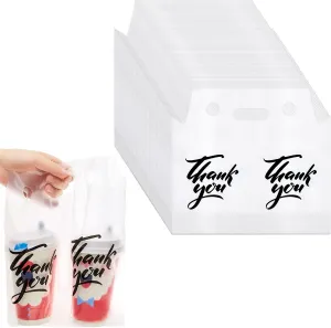 Handle Drinking Poly Bags Thank You Clear Plastic Packaging Bags, Drink Carrier with Handle Cup Carriers for Drinks Take out Beverage Coffee Juice Mike Tea, Hold 2 Cups (1000)
