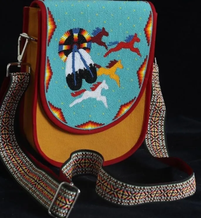 Handmade Beaded Bag,Native American Style Canvas Crossbody Unisex Handbag With Adjustable Strap,Seed Beaded Shoulder Handbag.