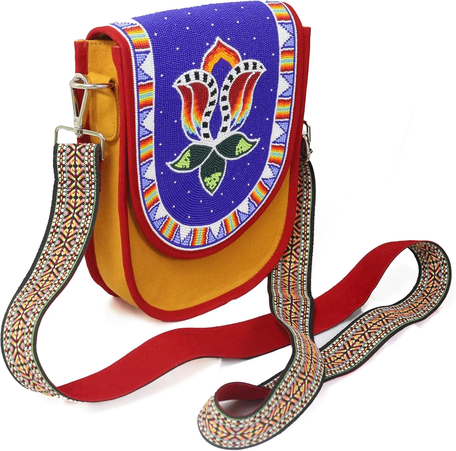 Handmade Beaded Bag,Native American Style Canvas Crossbody Unisex Handbag With Adjustable Strap,Seed Beaded Shoulder Handbag.