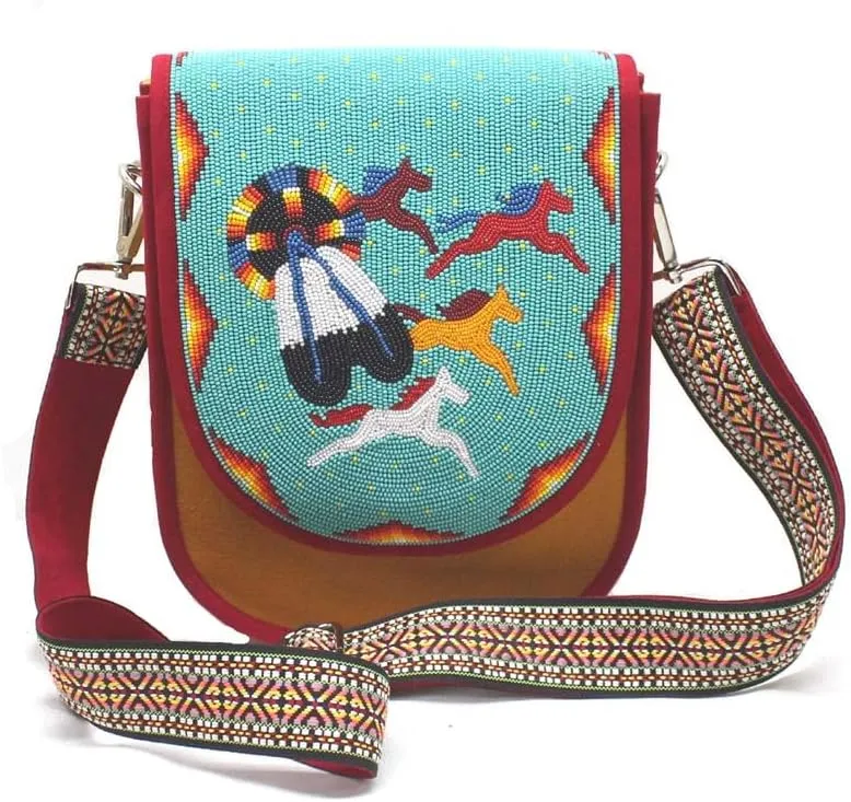 Handmade Beaded Bag,Native American Style Canvas Crossbody Unisex Handbag With Adjustable Strap,Seed Beaded Shoulder Handbag.