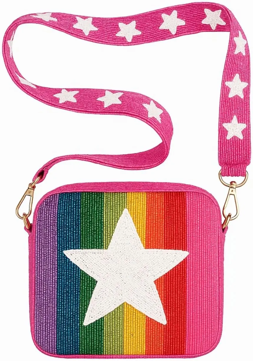 Handmade Beaded Crossbody Handbag - Stylish Purse for Preppy, College & Sorority Girls - Game Day Bag - Seed Bead Box Bag (Colorful Star)