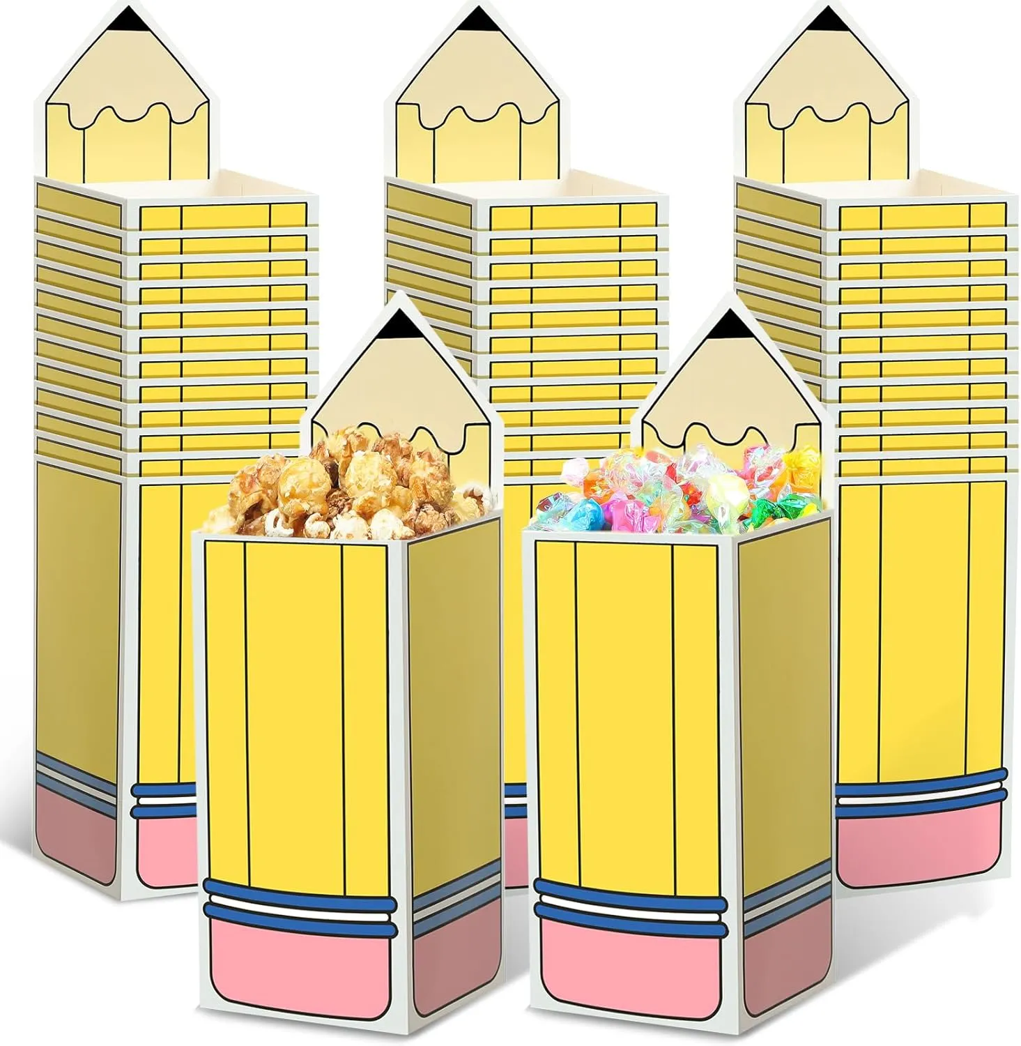 Harloon 50 Pcs 24 Pcs Back to School Pencil Candy Boxes Popcorn Holder Bulk End of Year Student Gift from Teacher Grad Party Favor Treat Box for Preschool Kindergarten Graduation Classroom Decoration