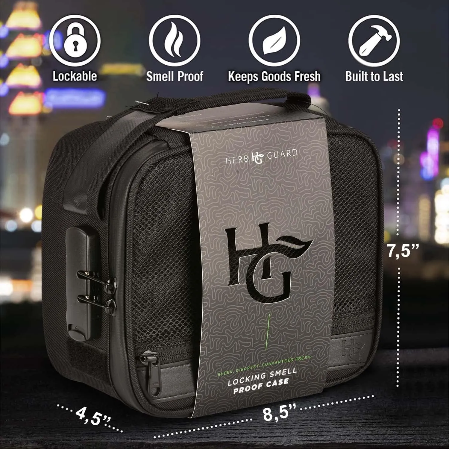 Herb Guard Large Smell Proof Bag & Case with Combination Lock (Holds Up to 3 Ounces) - includes YKK Zippers, 50ml Smell Proof Container and Jar, Built in Tray & Travel Bags (Black)