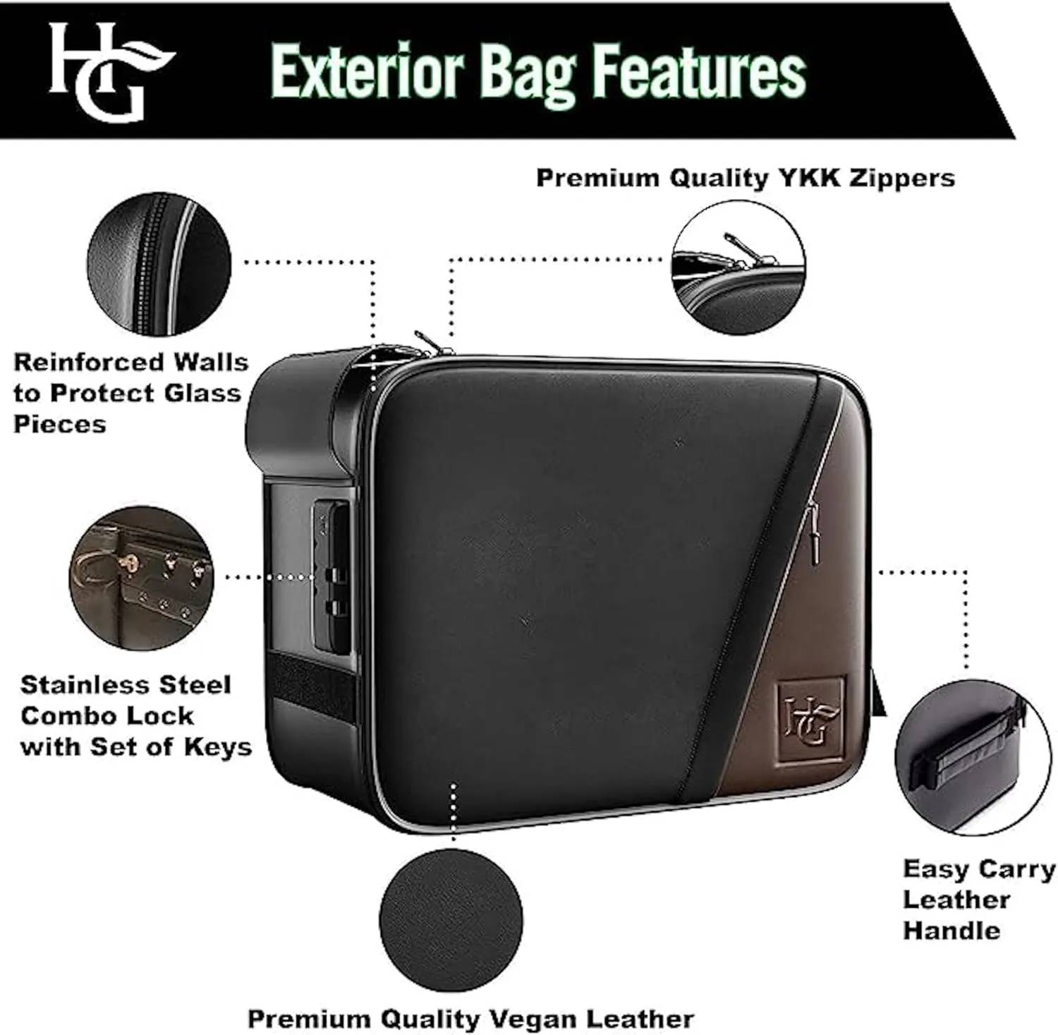 Herb Guard Leather Large Case with Combination Lock (Holds 2 to 3 Ounces) - Includes YKK Zippers, Ultraviolet Jar, Built -In Tray, Protective Shell for Glass Pieces
