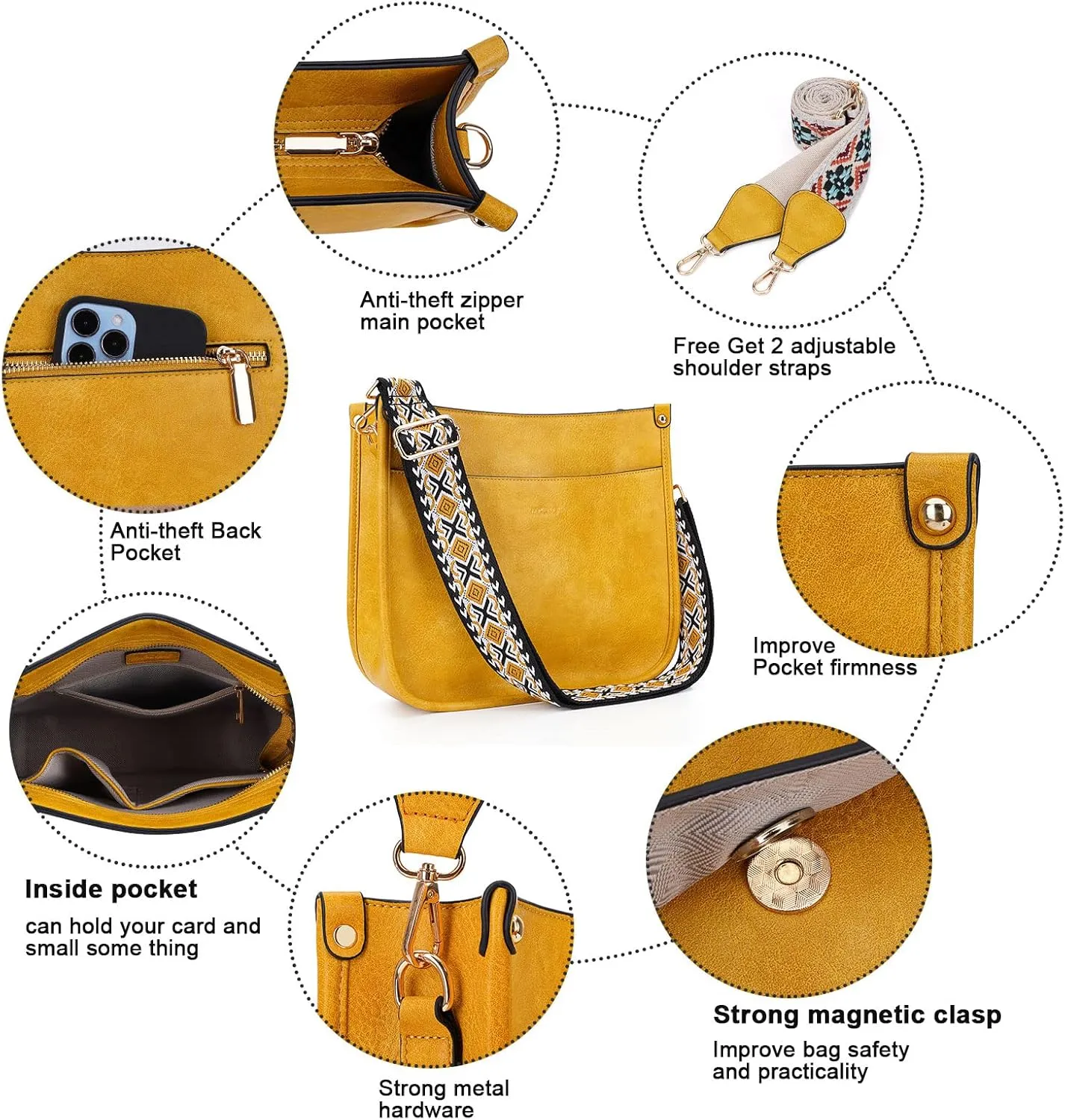 HKCLUF Crossbody Bags for Women Trendy Vegan Leather Hobo Handbags With 2PCS Adjustable Guitar Strap Shoulder Bucket Bags