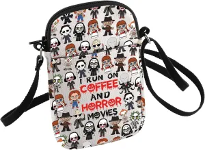 HOLLP Horror Fans Gift Coffee Lovers Gift I Run on Coffee And Horror Movies Crossbody Bag Funny Scary Gift