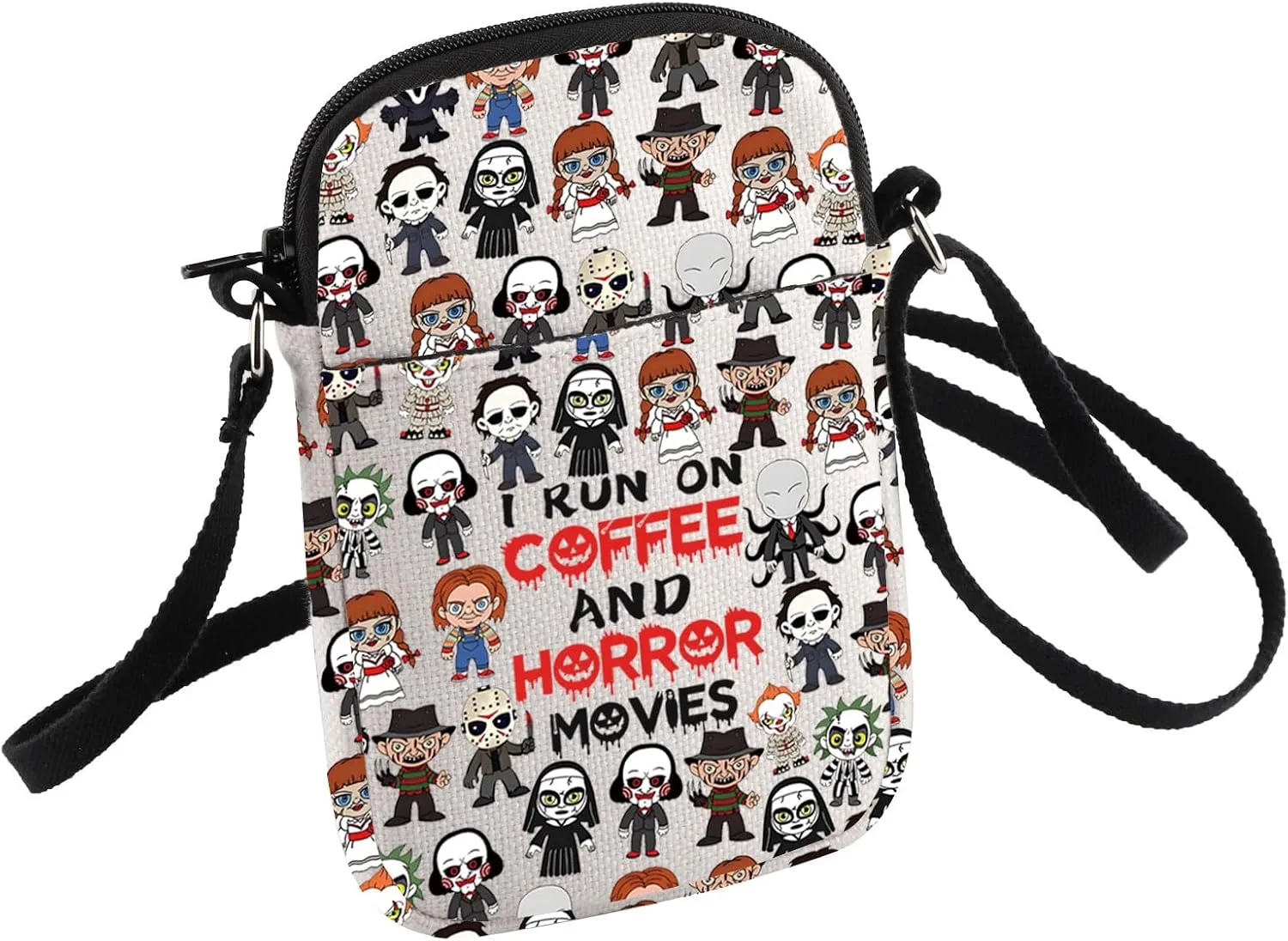 HOLLP Horror Fans Gift Coffee Lovers Gift I Run on Coffee And Horror Movies Crossbody Bag Funny Scary Gift