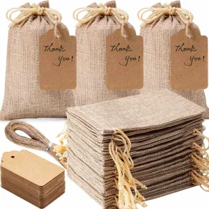 Homum 100 PCS Burlap Gift Bags with Drawstring and Gift Tags & String, 4x6 Inch Party Favor Burlap Bags Linen Jewelry Pouches for Party, Wedding, Jewelry Pouches, Christmas, Festival, Coffee, DIY Craft
