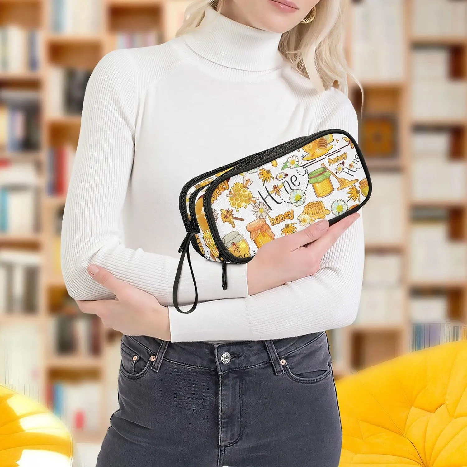 Honey Bee Large Capacity Pencil Case 3 Compartment Pen box Makeup Pouch Holder Organizer Stationery Bag for School Teen Girl Boy Men Women