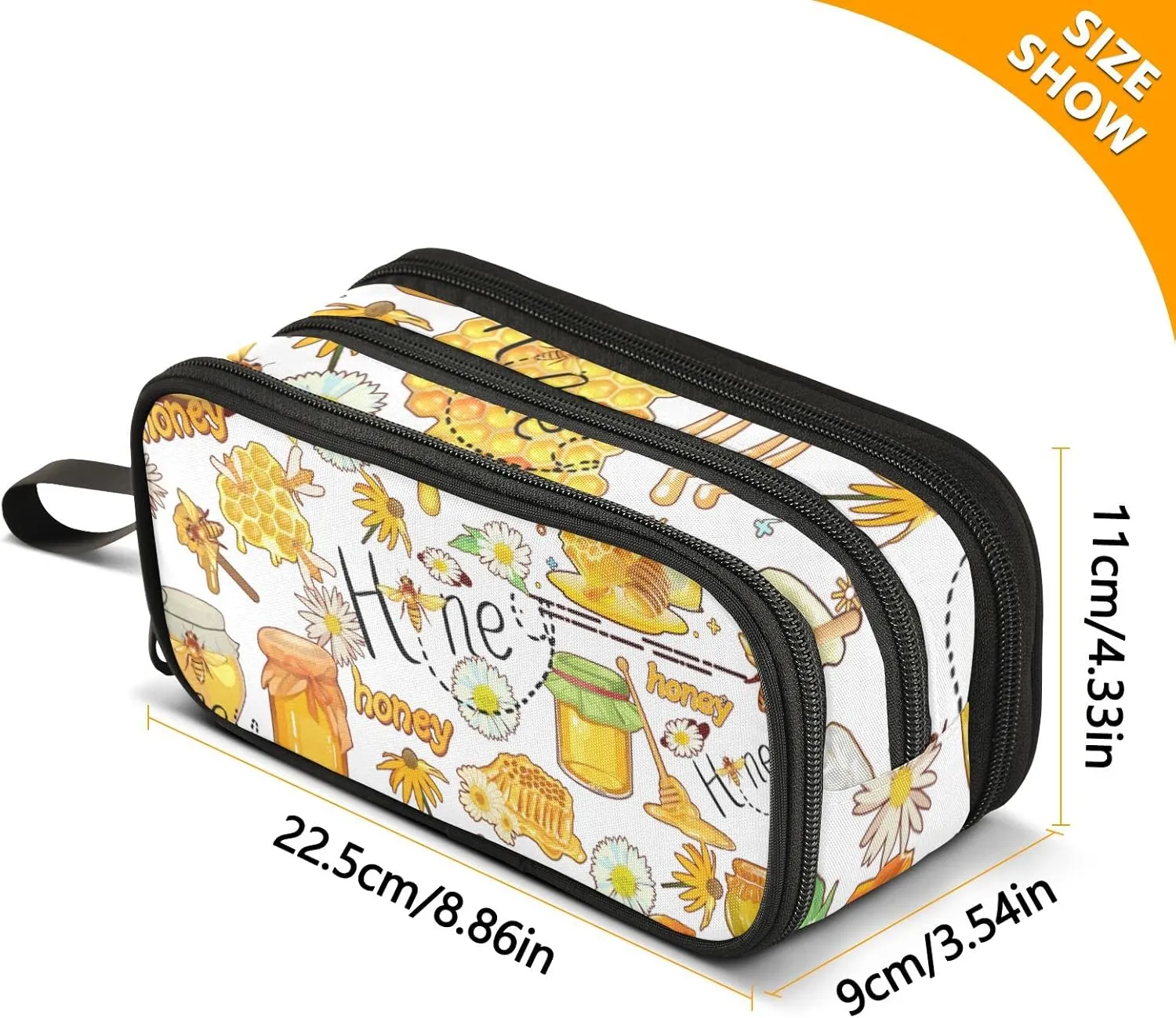 Honey Bee Large Capacity Pencil Case 3 Compartment Pen box Makeup Pouch Holder Organizer Stationery Bag for School Teen Girl Boy Men Women