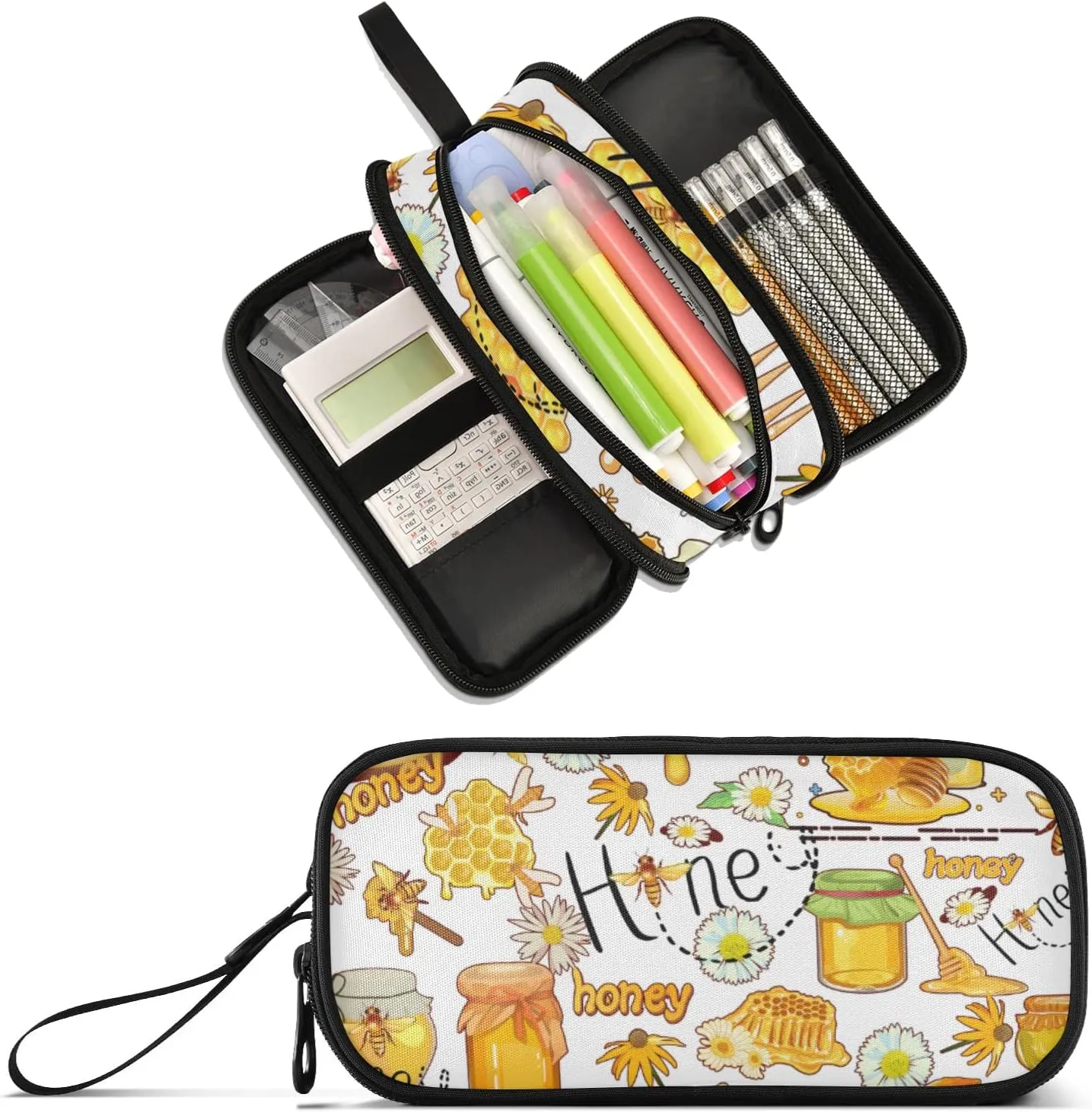 Honey Bee Large Capacity Pencil Case 3 Compartment Pen box Makeup Pouch Holder Organizer Stationery Bag for School Teen Girl Boy Men Women